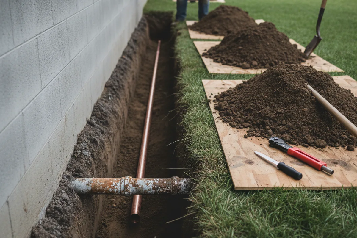 Excavated water line trench during Water Softener Installation in Newville